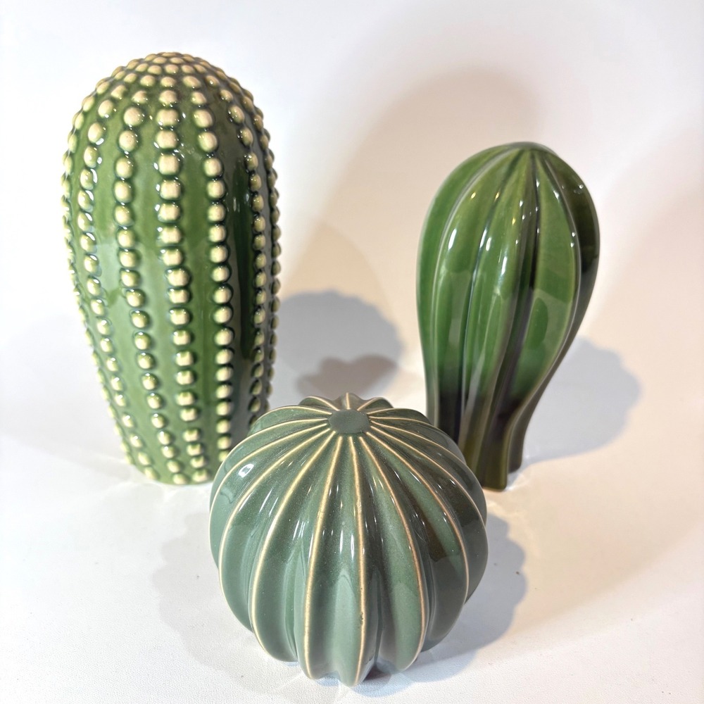 IKEA SJÄLSLIGT Ceramic Cactus Set of 3 Green Glossy Stoneware Home Decor Accents